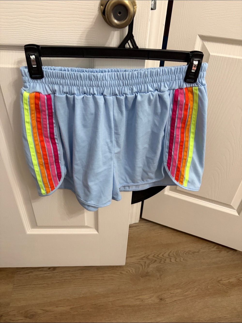 Light Blue Women's Athletic Shorts with Rainbow Side Stripes